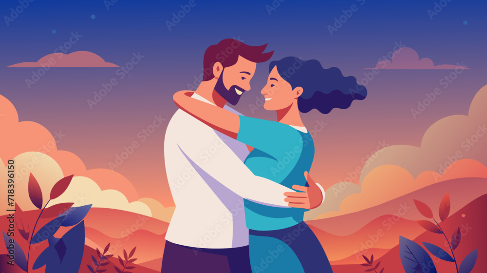Loving couple embracing at sunset, romantic vector illustration