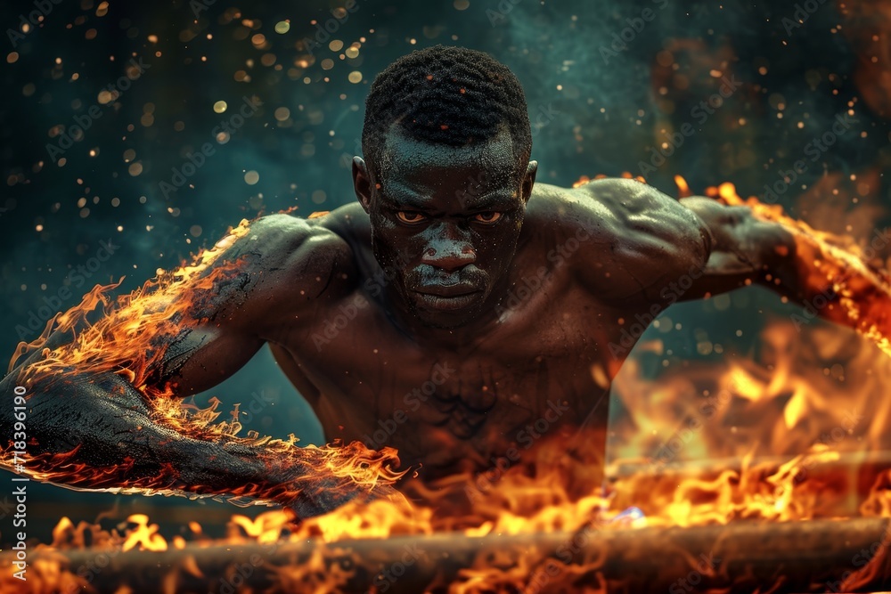 An African American running on a treadmill in flames