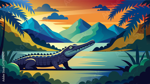 Colorful vector illustration of a crocodile in a tropical landscape at sunset
