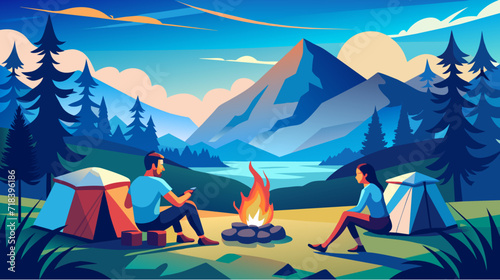 Couple camping in scenic mountain landscape with campfire vector illustration
