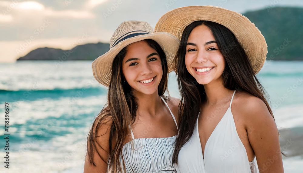 Two Latina girls posing on the beach with hats on