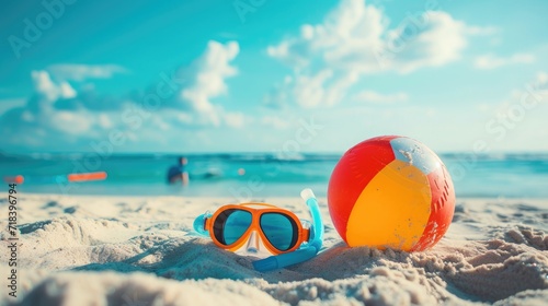 beach ball and snorkel on the sand. Summer vacation concept