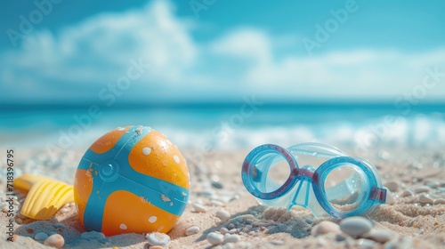beach ball and snorkel on the sand. Summer vacation concept