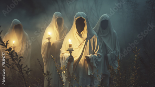 scary cult members in white with candles photo