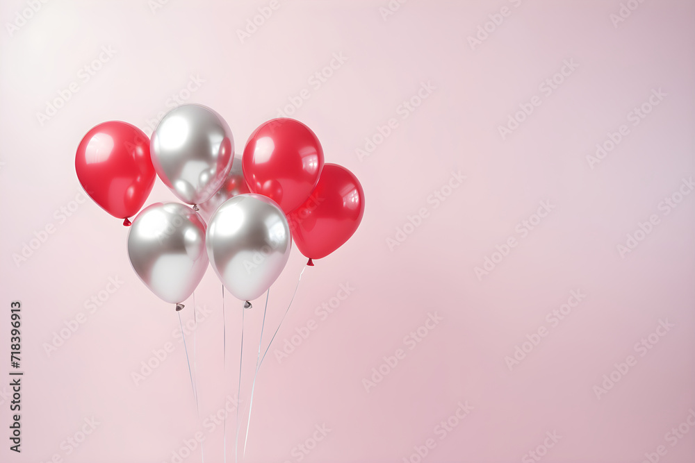 Heart shaped balloons on pink background. Air balloons for birthday, party, celebrate anniversary, wedding, women's, mother's day. St Valentine day concept. Romantic greeting card