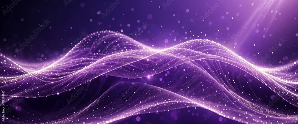 Digital purple particles wave and light abstract background with ...