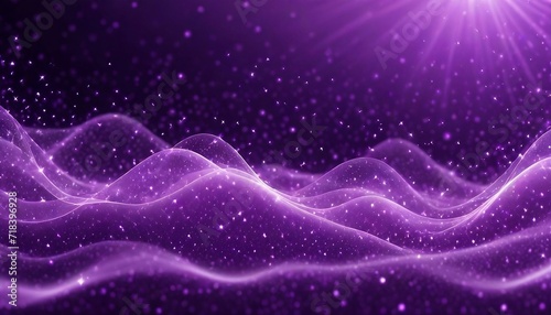 Digital abstract art of purple particles waves and light abstract background with shining dots stars. Wide panorama science backgrounds. Generative AI