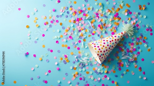 Colored confetti and party hat on blue background