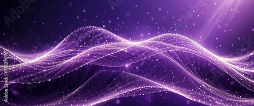 Digital purple particles wave and light abstract background with shining dots stars. Wide panorama science backgrounds. Generative AI