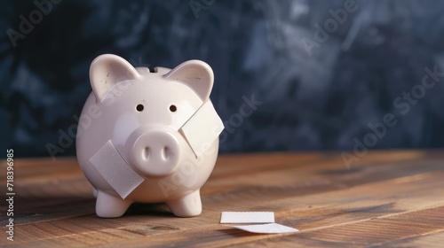 Financial problem, Bankrupt or fail in business concept. White piggy bank with plastic adhesive bandages on wooden desk with dark copy space wall background. Fail, Bankrupt or unsuccessful idea