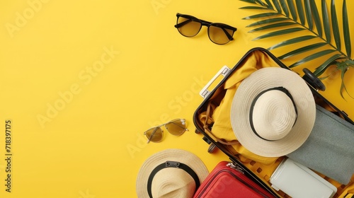 Packed suitcase with belongings on yellow background with space for text photo