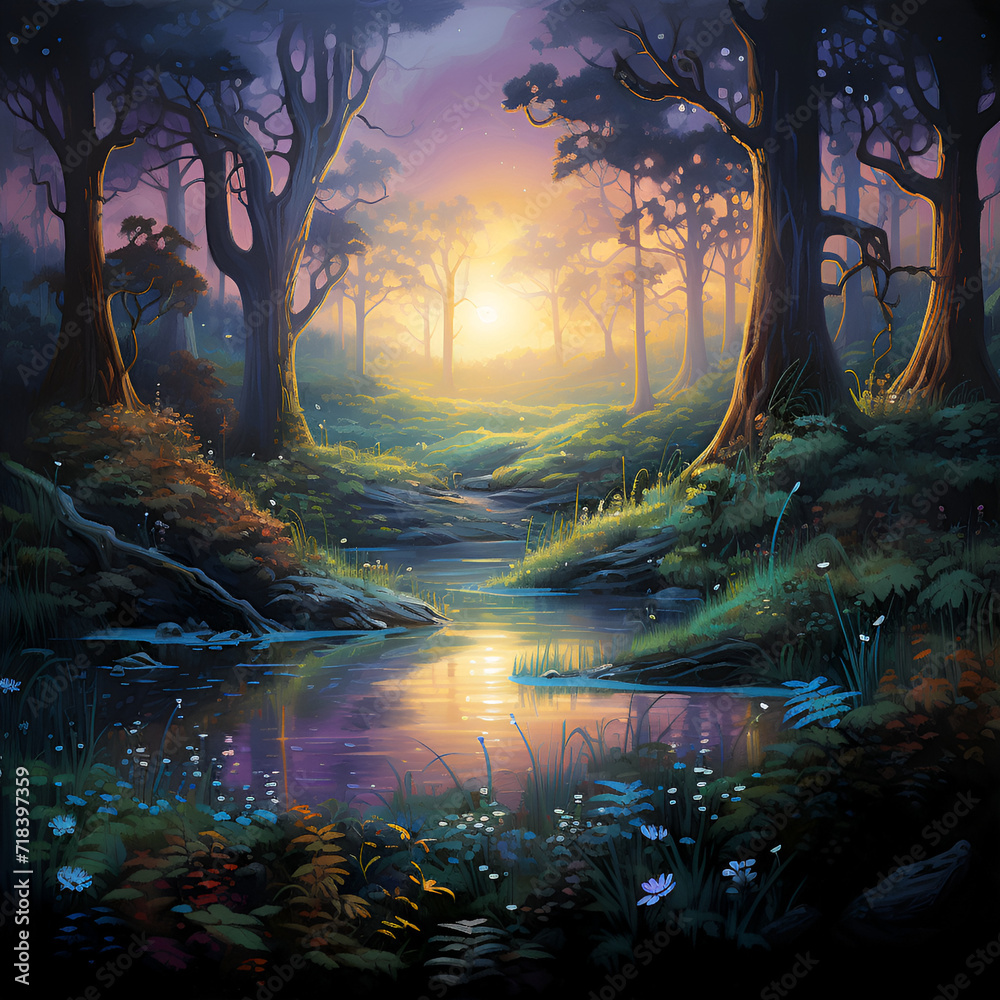 Fototapeta premium Mystical forest in purple-green-blue fog. Colorful landscape with enchanted trees reflected in the water of a forest river. Dreamy scenery.
