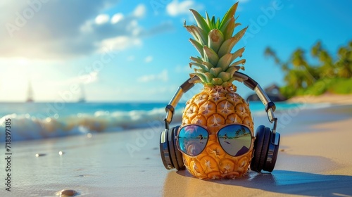 Fototapeta Naklejka Na Ścianę i Meble -  PinePineapple with sunglasses and headphones at tropical beach - Holiday Vacation Concept