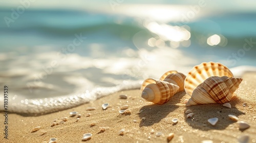 Shell decoration on sand and sea landscape