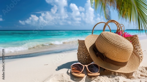 Straw hat, bag, sun glasses and flip flops on a tropical beach