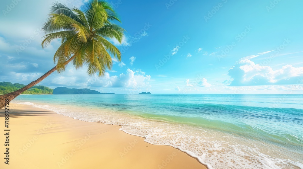 Tranquil beach scene. Exotic tropical beach landscape for background or wallpaper. Design of summer vacation holiday concept.