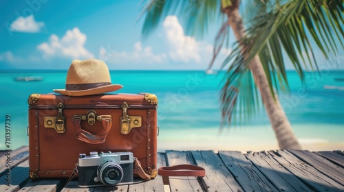 Vintage suitcase, hipster hat, photo camera and passport on wooden deck. Tropical sea, beach and palm three in background. Summer holiday traveling concept design banner with copyspace.