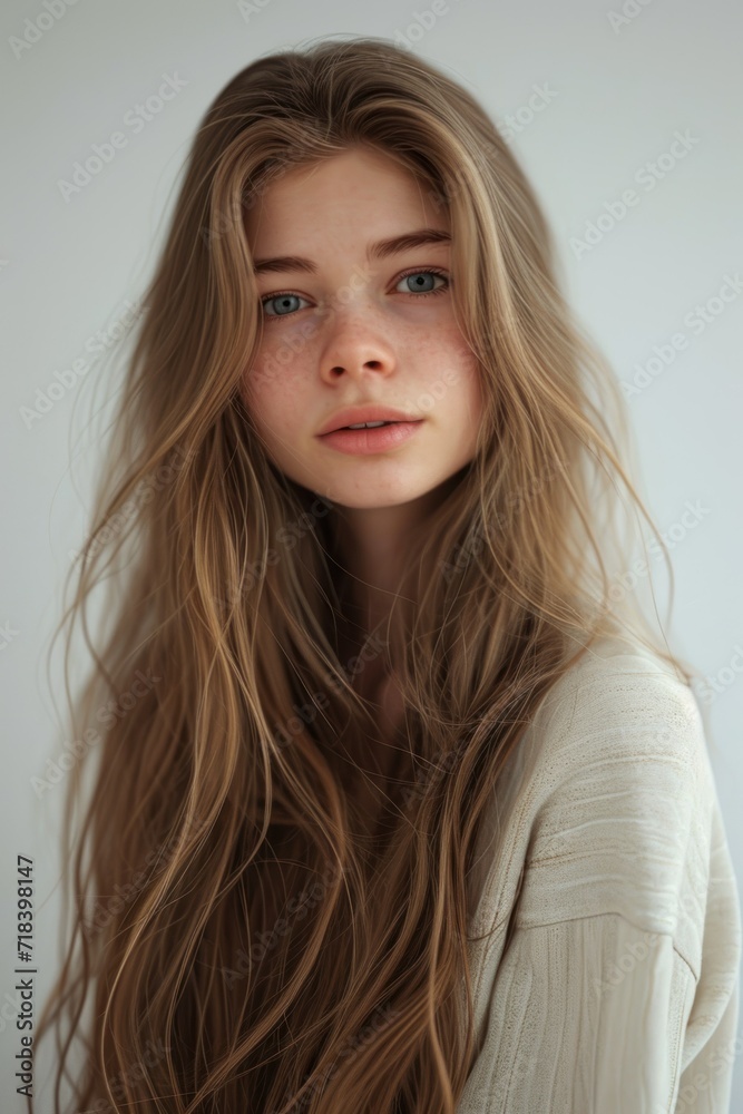 Beautiful Portrait of a Young Brunette Woman with Long Flowing Hair. Generative AI. Beautiful Portrait of a Young Brunette Woman with Long Flowing Hair. Generative AI.