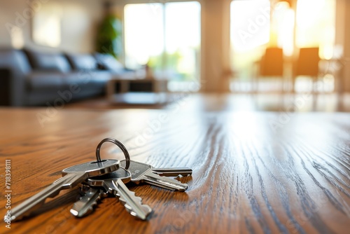 Home Ownership Sparkle: Keys of a House Resting on a Table with Bokeh Effect - Symbolizing Real Estate, Security, and the Essence of Buying and Selling Homes.