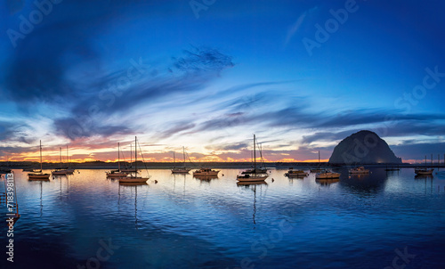 Panorama at Blue Hour over Ocean, boats, water at dusk