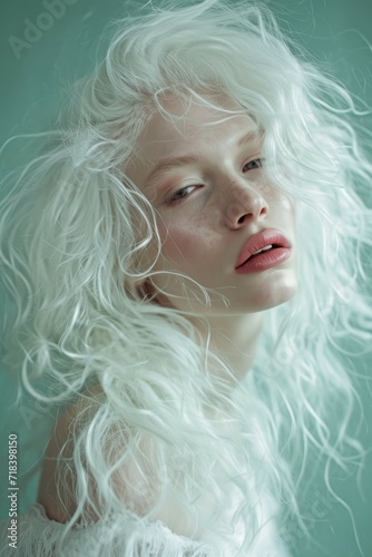 Beautiful Portrait of a Ethereal Woman with White Curly Hair. Generative AI.