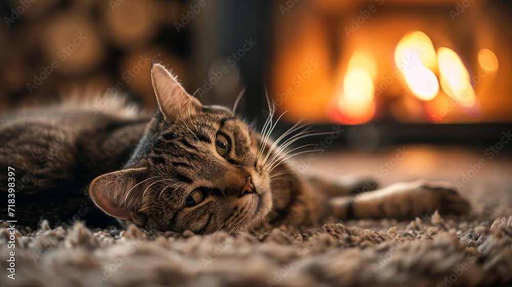 Contented cat lying on a plush rug in front of a fireplace, warm and inviting home atmosphere. Soft lighting, a sense of serenity and home comfort