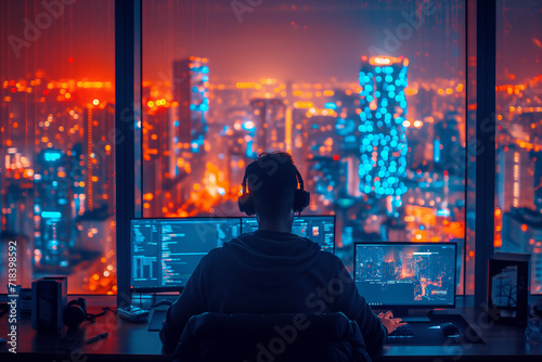 Programmer working late in a high-rise office with city lights backdrop © ChaoticDesignStudio