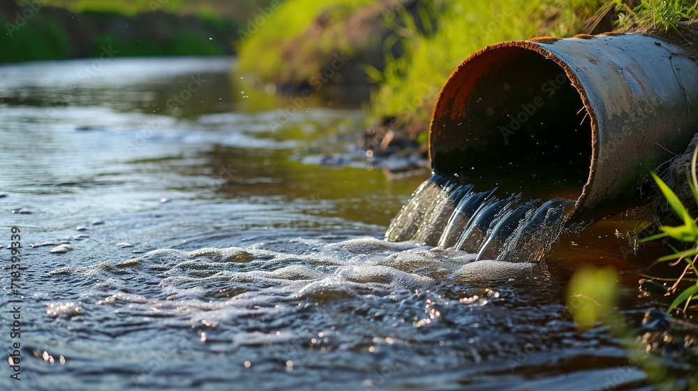 Fototapeta premium Wastewater pollution, industrial pipe, sewage, dirty water leakage into the river, environment, ecology and pollution concept