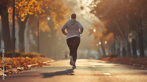 beautiful overweight girl in sportswear on a morning jog in the park, weight loss, fat, healthy lifestyle, young curvy woman running, street, city, sport, workout, fitness, plumpness