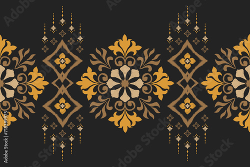 Ikat Floral pattern embroidery paisley on dark background. Ethnic flower motif oriental seamless pattern traditional. damask Thai style abstract vector illustration vintage design for print template.