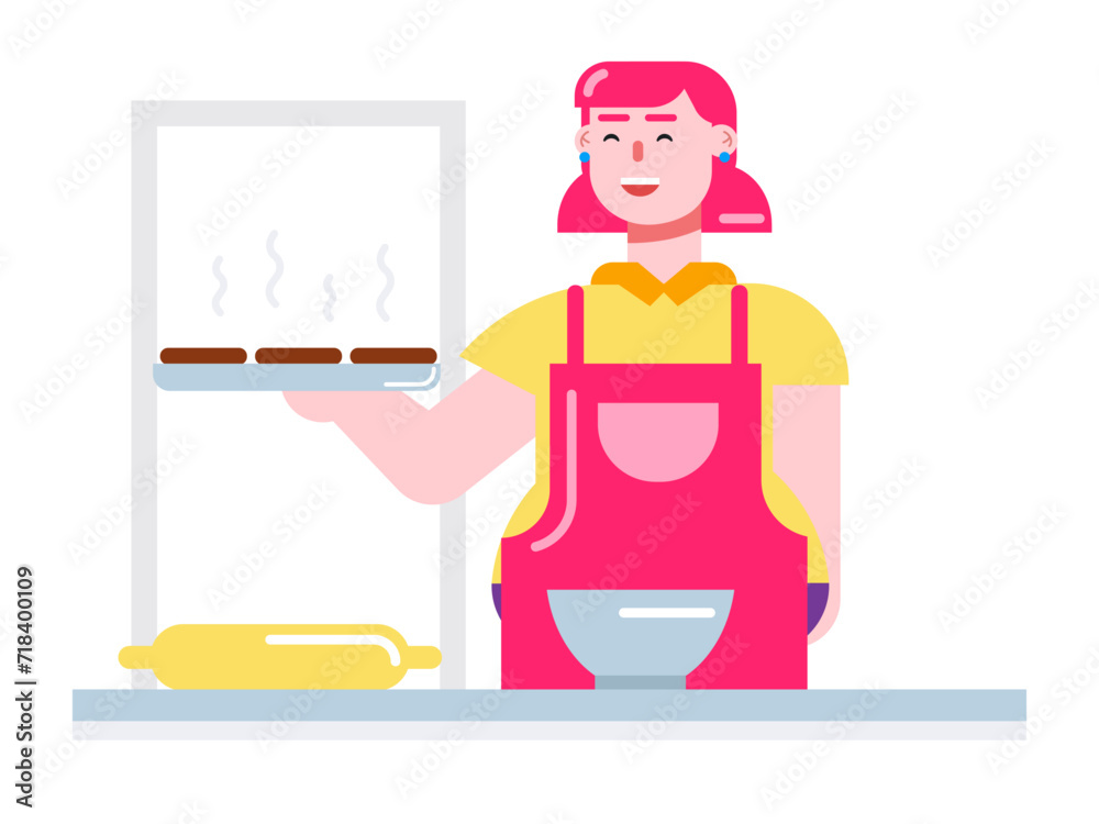 Young girl making cookies in her bakery. Dessert vector illustrations. Young girl making cookies in her bakery. Dessert vector illustrations.