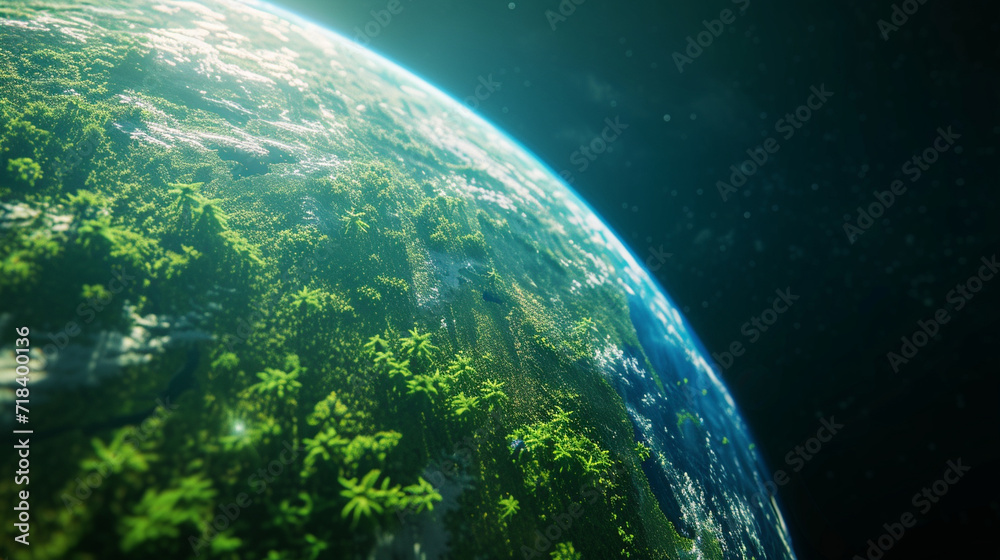 A lush, green Earth viewed from space, highlighting thriving forests and oceans, green Planet, dynamic and dramatic compositions, with copy space