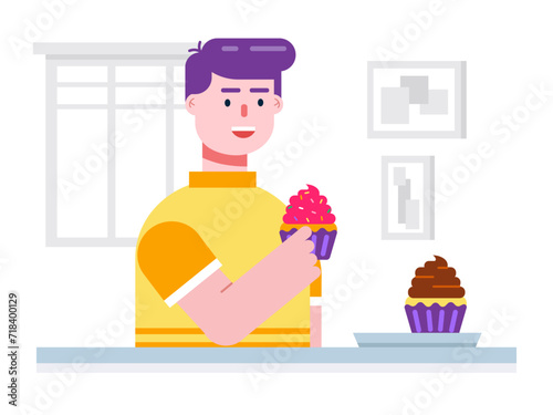 Boy eating cup cakes. Dessert vector illustrations.