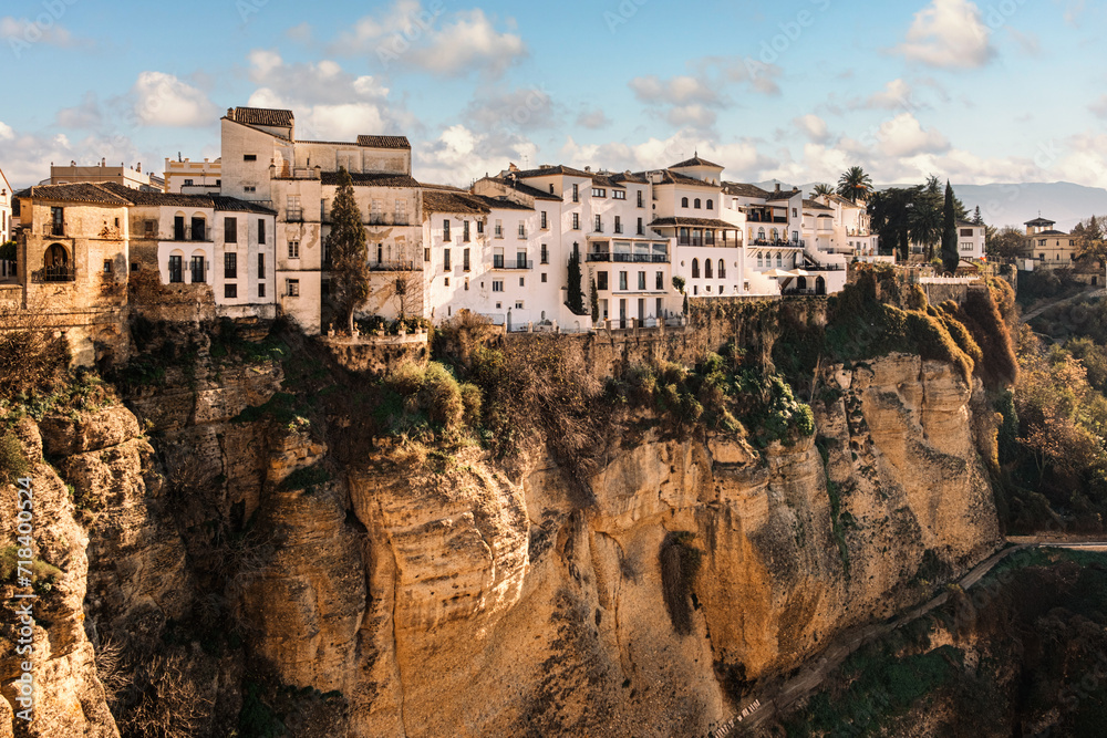 View of the old town of Ronda, Spain and of the Tajo Gorge. Inhabited by Celts, Phoenicians and Arabs, the city was reconquered by the Catholic Monarchs in 1485.