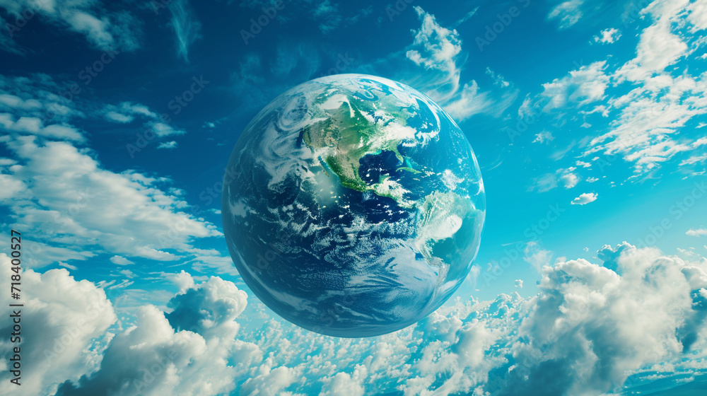 Naklejka premium The Earth floating in a clear blue sky with green clouds, depicting clean air and environment, green Planet, dynamic and dramatic compositions, with copy space