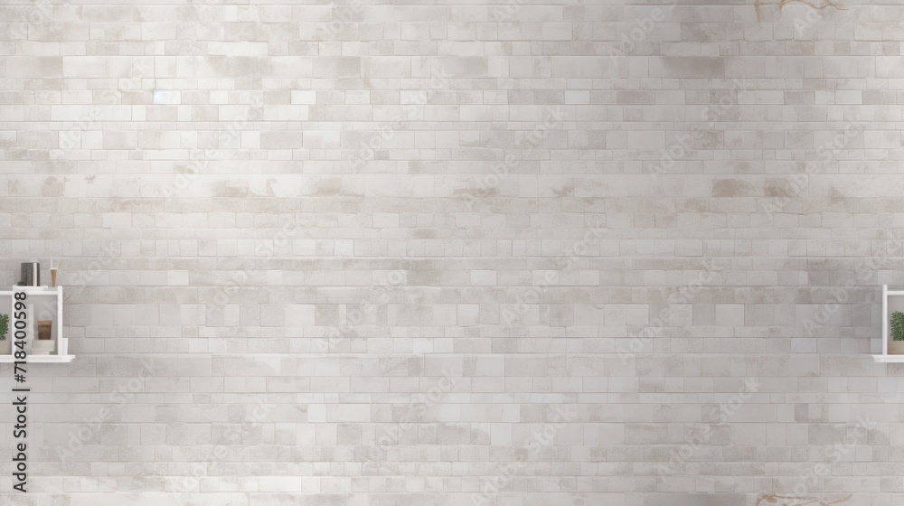Fototapeta premium a white brick wall with two white shelves on each side of the wall and a potted plant on the other side of the wall.