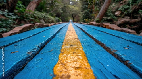 eye level blue wooden bridge with yellow line, a country road in the style of abtract visualisation 