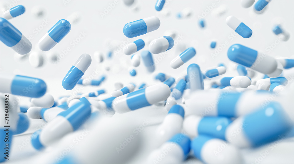 Capsules with the drug. White blue Falling Pills isolated on white background.
