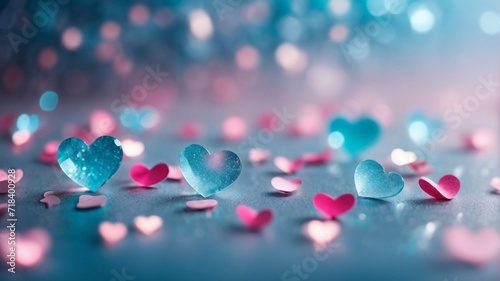 Light blue bokeh valentine background, Abstract background with pink hearts bokeh, Valentine's Day Wallpaper