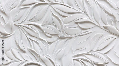  a close up of a white wall with a pattern of leaves on the side of the wall and on the side of the wall.