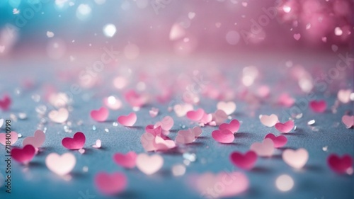 Light blue bokeh valentine background, Abstract background with pink hearts bokeh, Valentine's Day Wallpaper