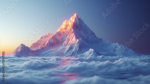 snow capped mountain range with clouds in the style of abstract visualisation of wood and gold, minimalistic style, sunset, sunrise light on mountain photo