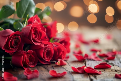 Bunch of Red Roses on Wooden Table