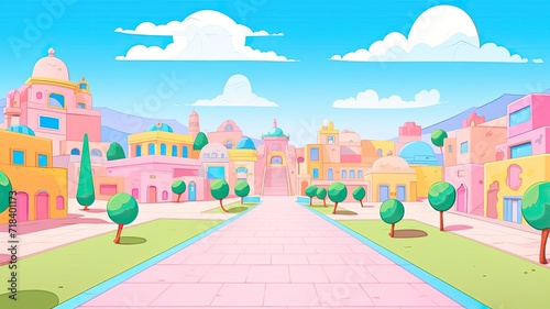 cartoon illustration colorful fantasy cityscape. Majestic buildings with intricate designs, adorned with domes and spires of various shapes, are painted in a palette of bright colors