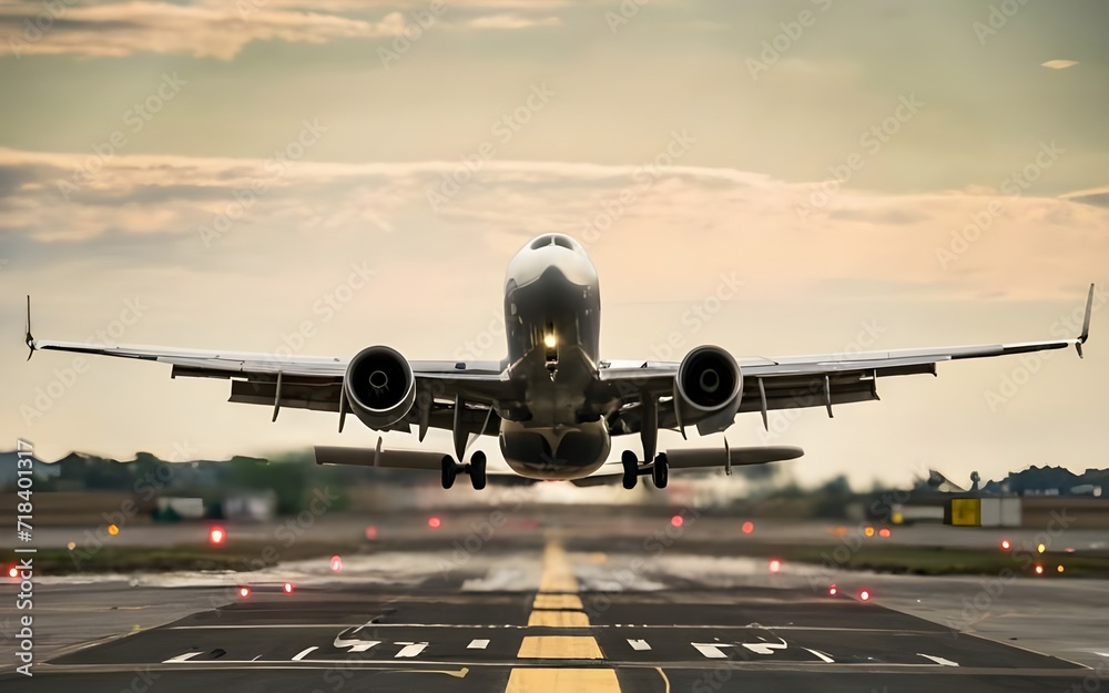 Airplane taking off from the airport, aircraft take off against a sunset Airplane taking off from the airport, aircraft take off against a sunset