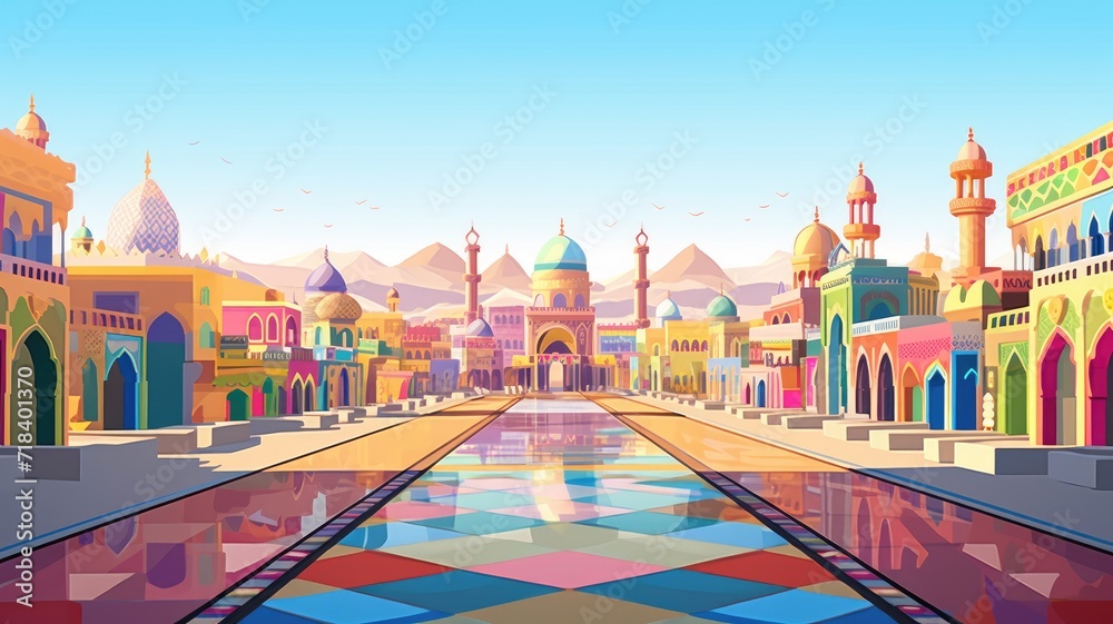cartoon illustration Vibrant city with historic palaces and gardens. Harmonious Blend of Tradition and Modernity