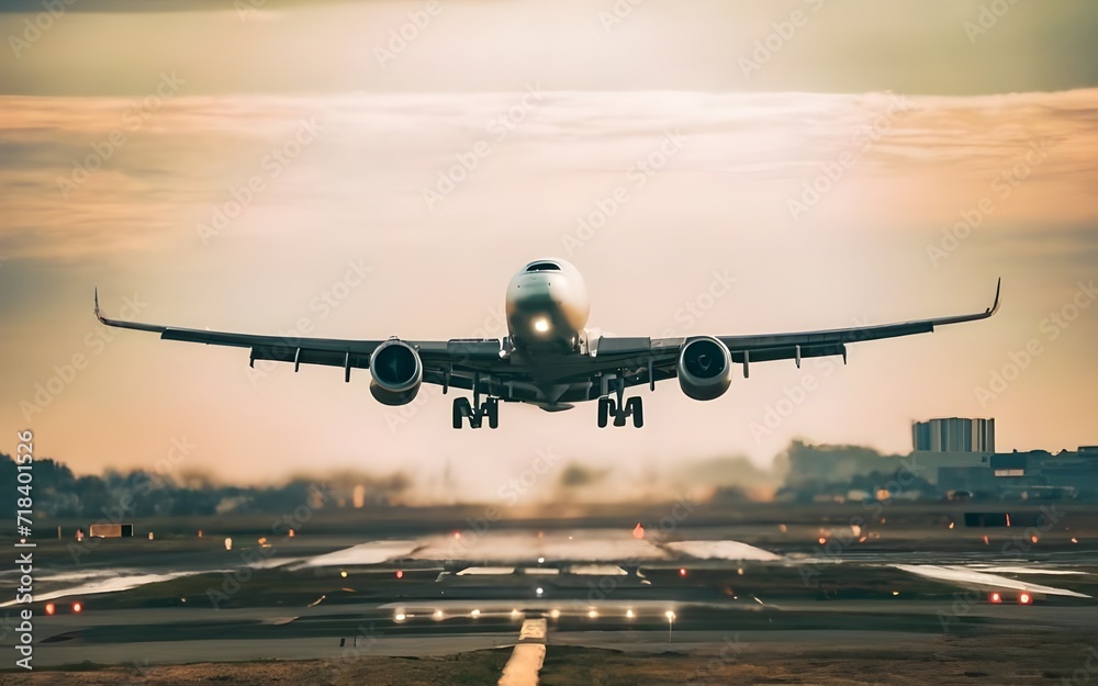 Airplane taking off from the airport, aircraft take off against a sunset Airplane taking off from the airport, aircraft take off against a sunset