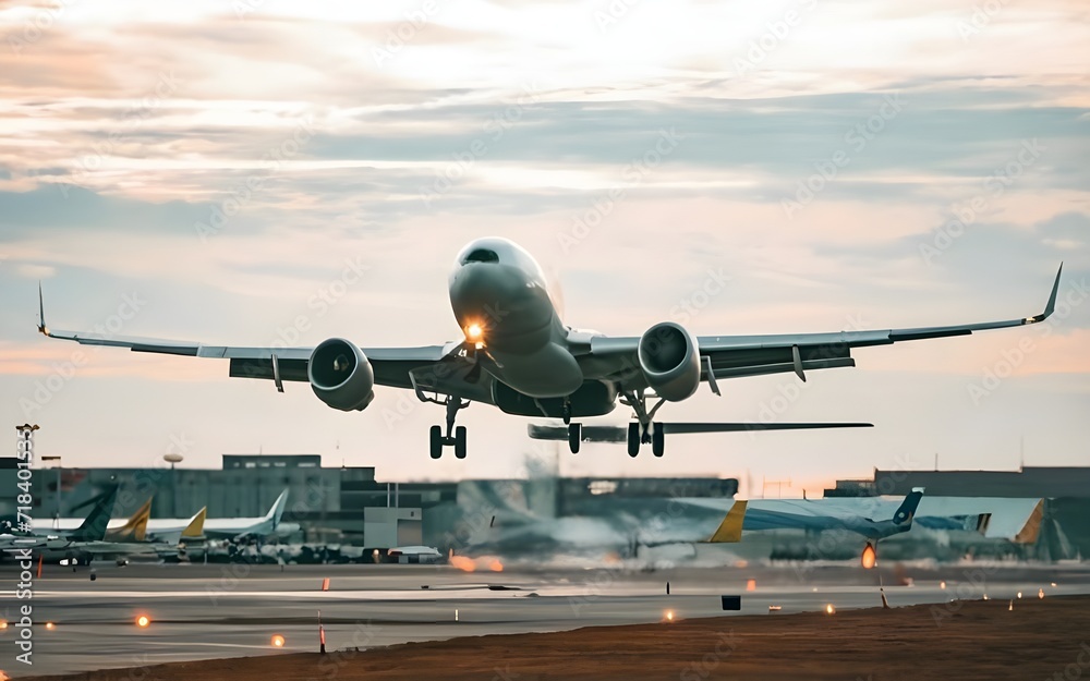Airplane taking off from the airport, aircraft take off against a sunset Airplane taking off from the airport, aircraft take off against a sunset