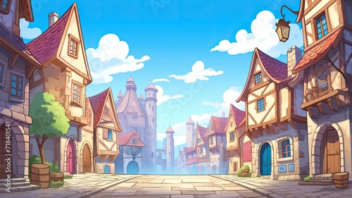 cartoon illustration Medieval town street with old buildings by the day.