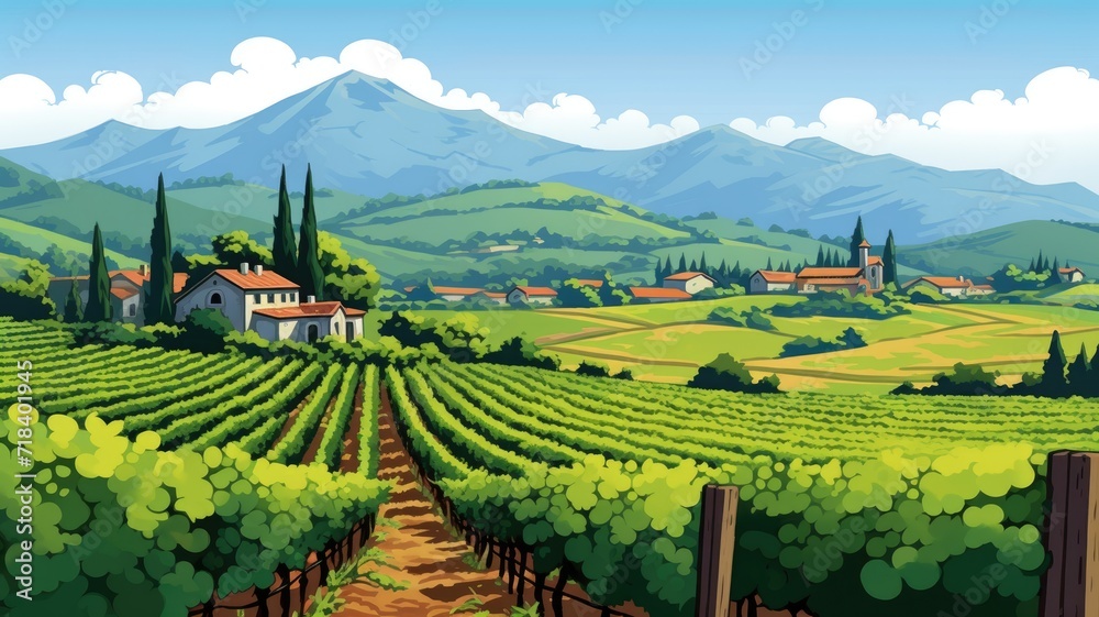 Fototapeta premium cartoon Rolling vineyards, wineries, and picturesque countryside.
